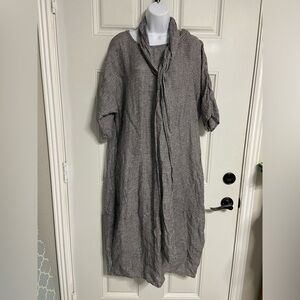 D2- LINEN ID STUDIO Black & White LAGENLOOK Houndstooth Plaid LINEN Midi Dress